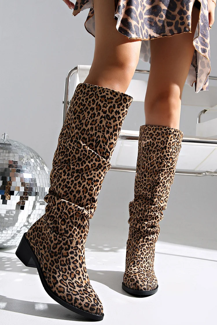 Leopard Print Round Toe Slouchy Block Heel Knee High Boots 2024 - Xpluswear
