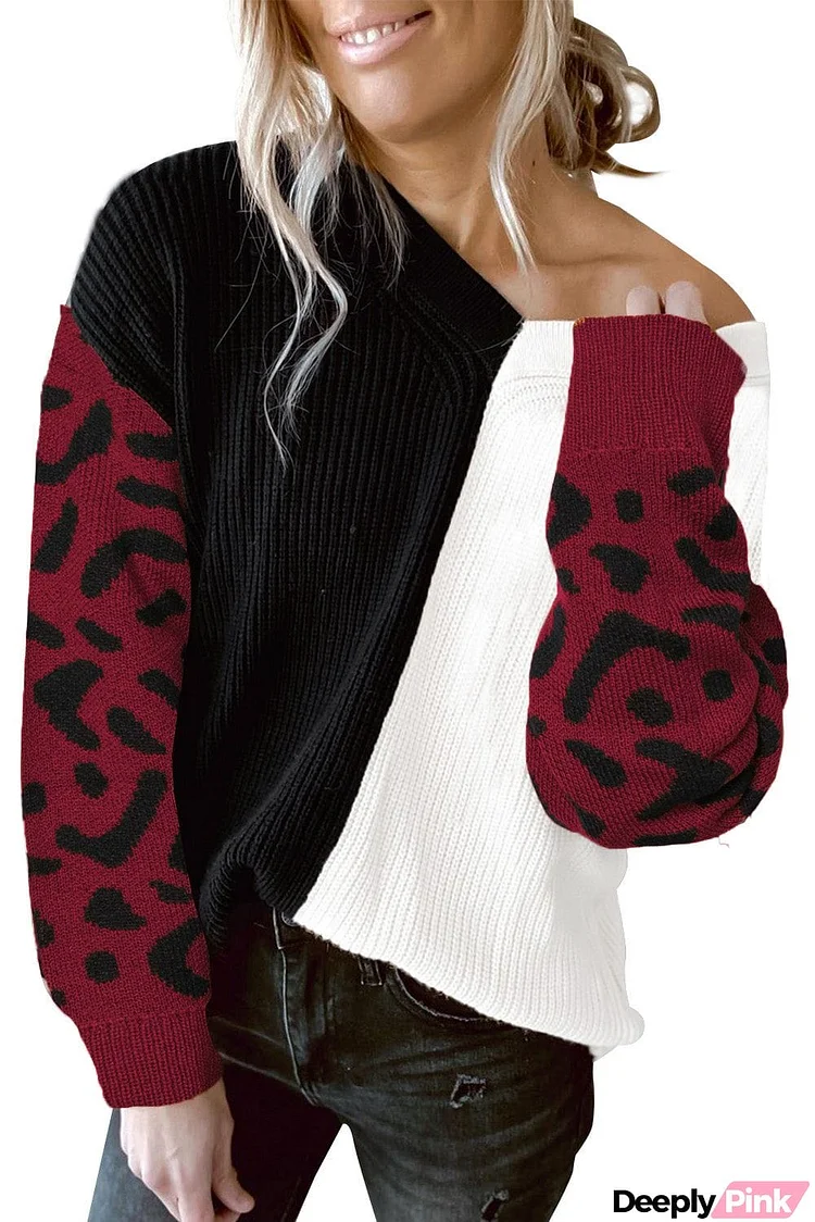 Print Contrast Color V Neck Sweater