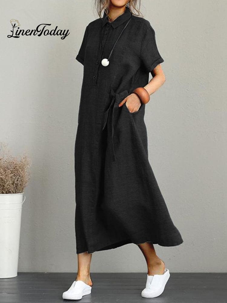 Women’s Cotton And Linen Lapel Neck Short Sleeve Casual Dress With Pockets Black / S
