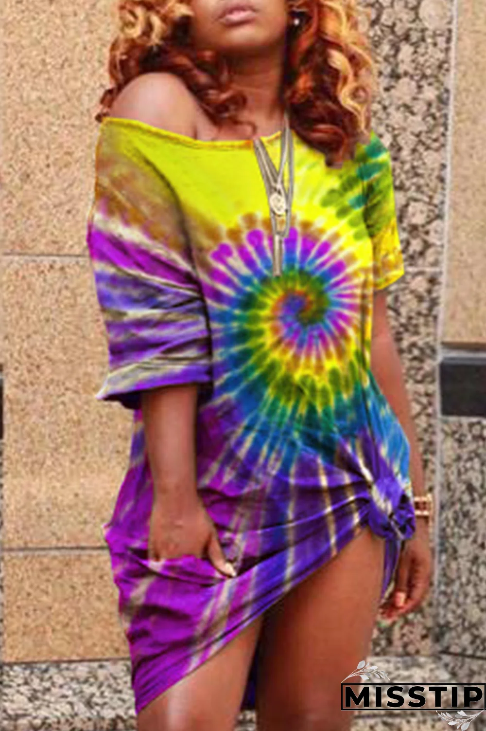 Hide Blue Fashion Casual Tie Dye O Neck Plus Size Dresses