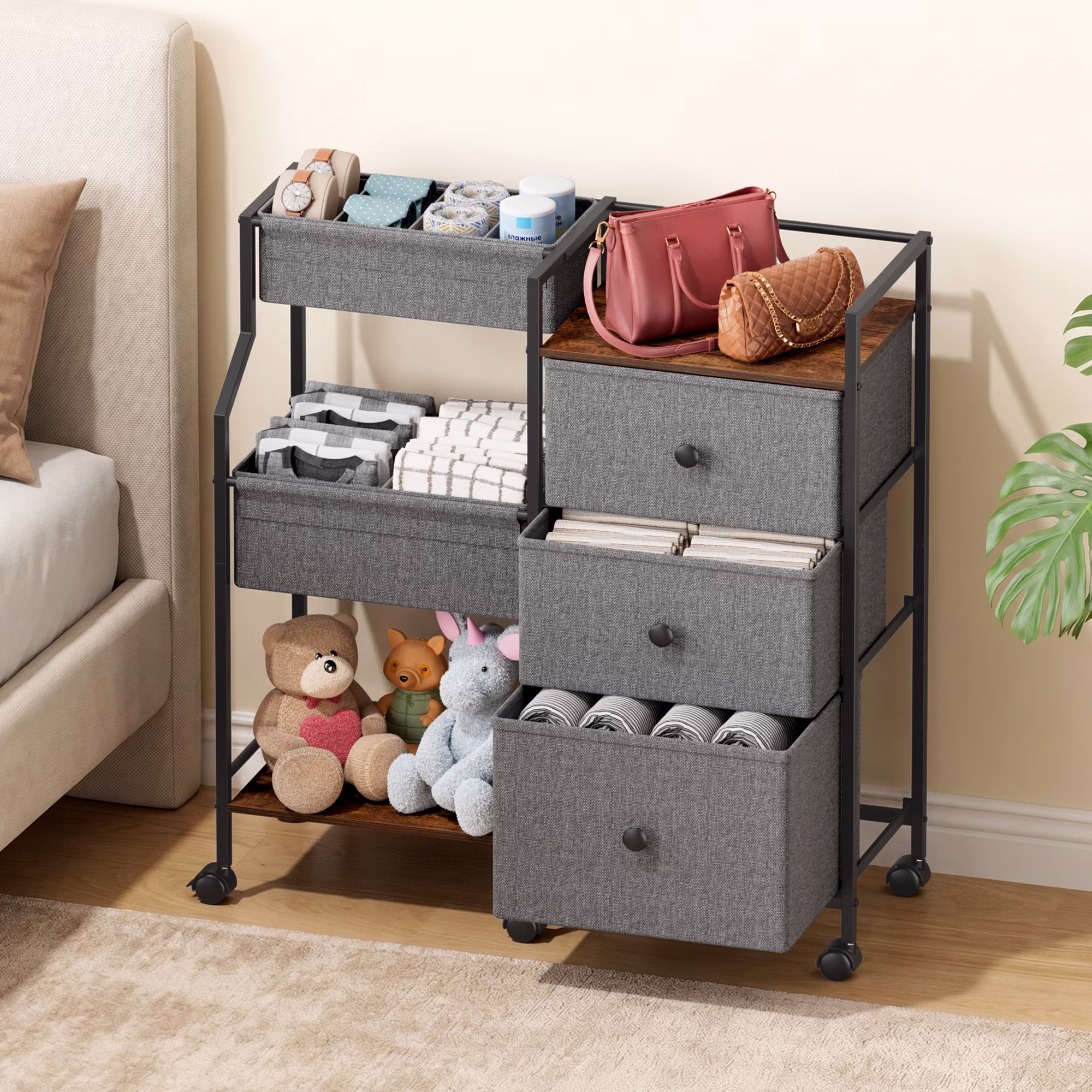 3 Tier Diaper Organizer & Storage Cart for Nursery, Bedroom, Changing Table with Dividers & Drawers