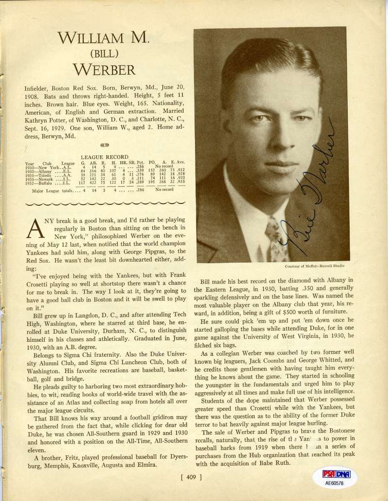 Bill Werber Sam West Psa Dna Coa Autograph 1933 Who`s Who 8x10 Photo Poster painting Page Signed