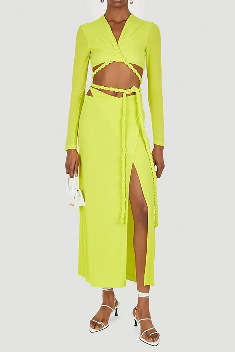 V Neck Long Sleeve Crop Top Tie Up Slim Fit Slit Maxi Skirt Matching Set - Green