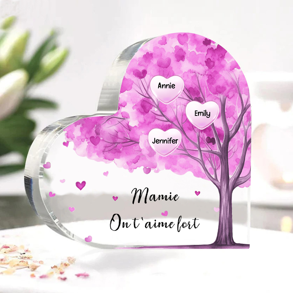 À ma Maman/Mamie - Plaque Acrylique Arbre en Forme de Cœur 3 Prénoms Personnalisés avec 1 Texte