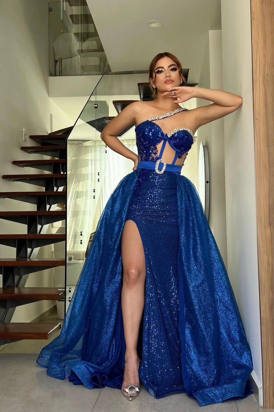 Chic Royal Blue One Shoulder Sleeveless Mermaid Evening Gown With Sequins Beadings Detachable Skirt - lulusllly