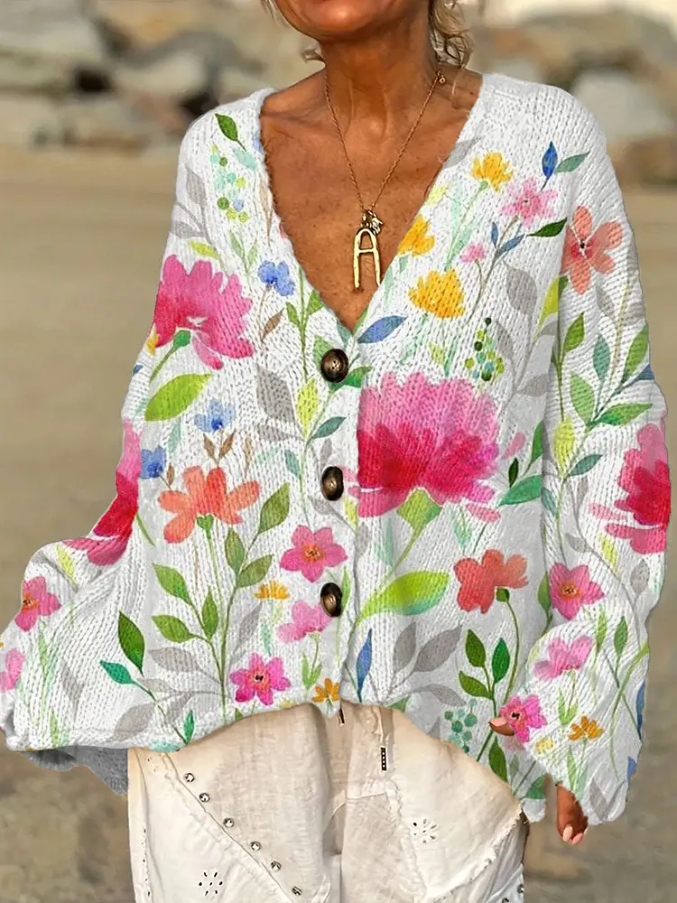 Women's Vintage Flower Art Print Casual Pullover Sweater
