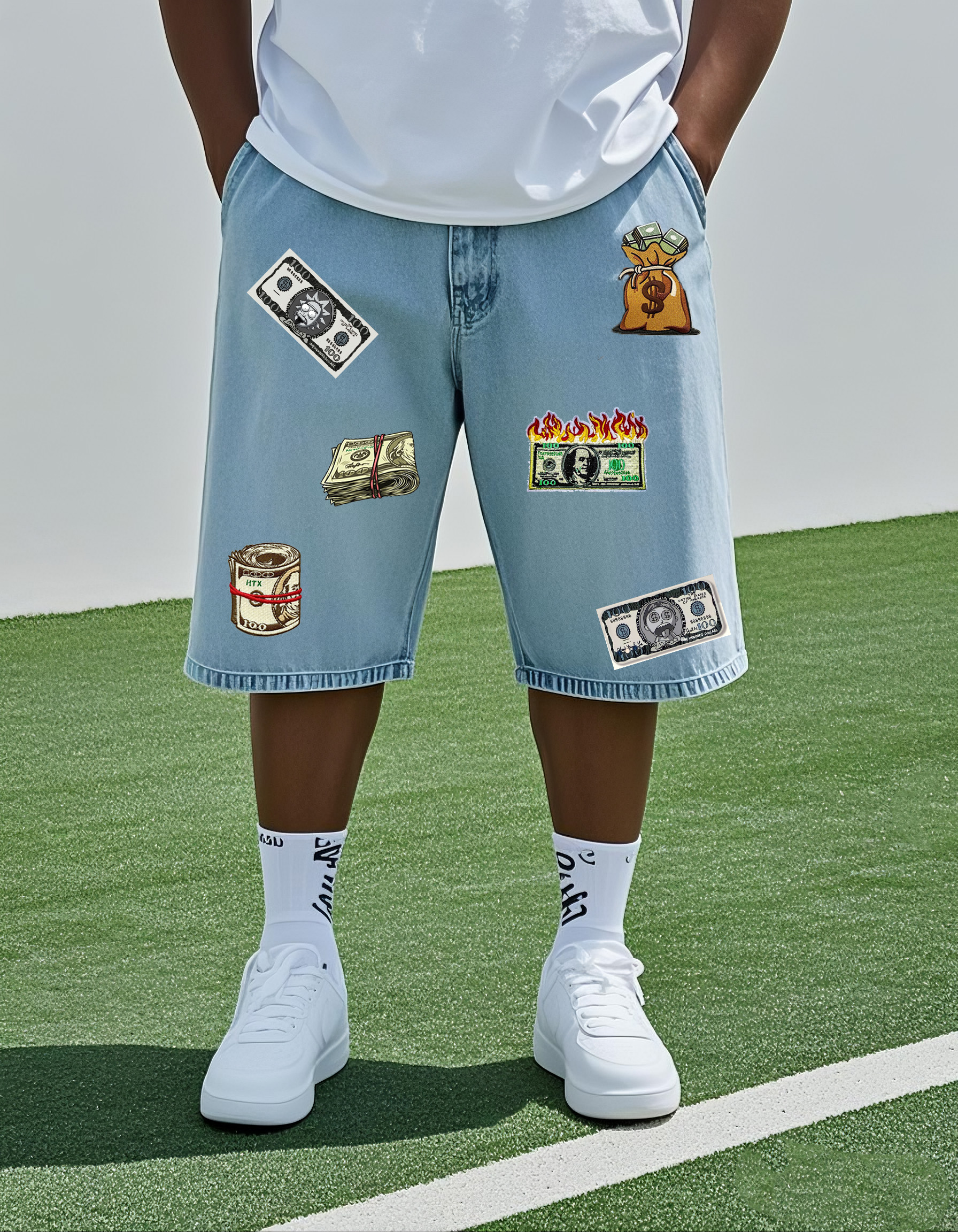 Big & Tall Men's Y2K Fashion Street Dollar Art Stamping Shorts Jeans