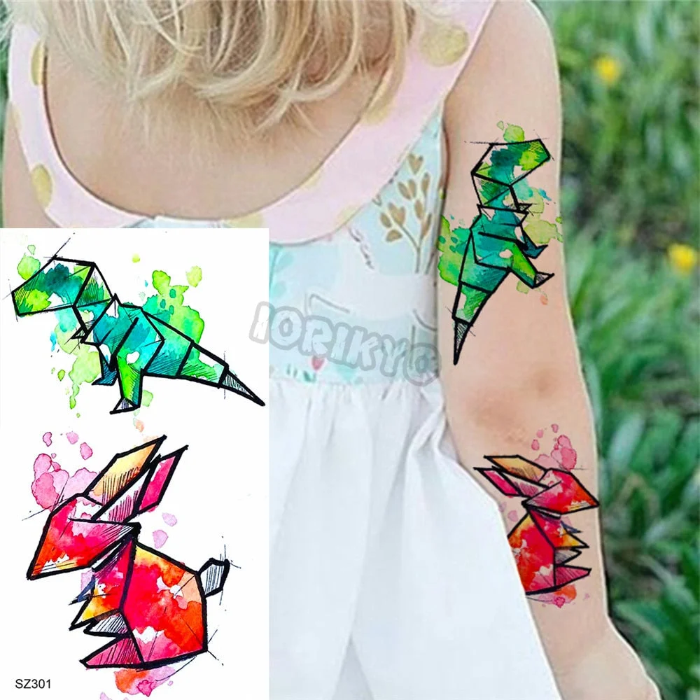 Colorful Dinosaur Temporary Tattoos For Kids Girls Rose Flower Lavender Hummingbird Fake Tattoo Sticker Forearm Neck Tatoos Show