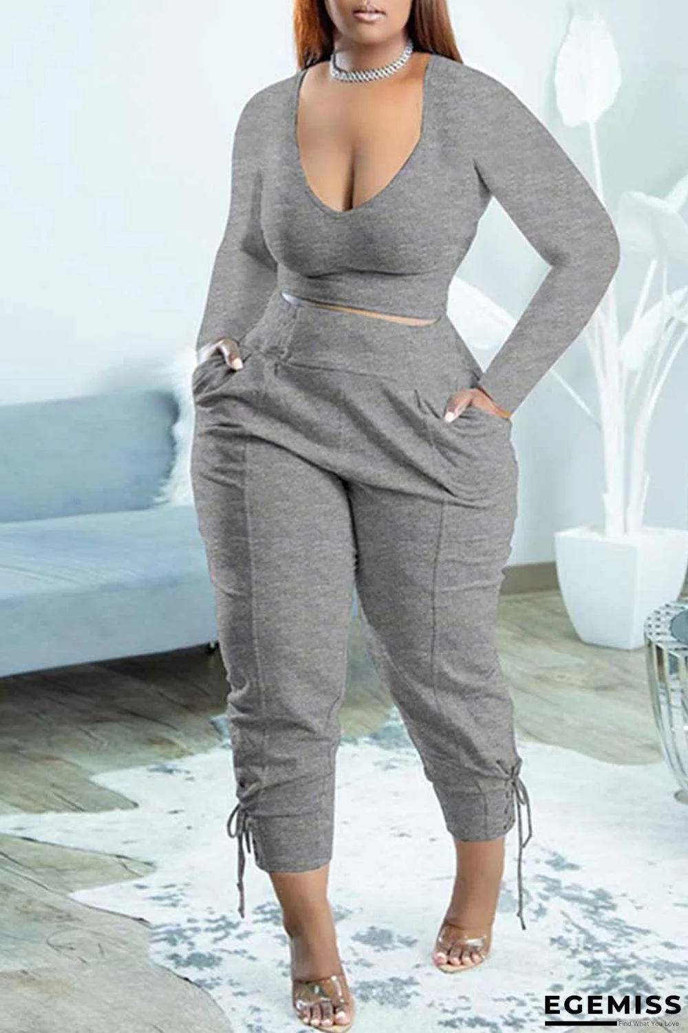 Grey Casual Solid Patchwork V Neck Long Sleeve Two Pieces | EGEMISS