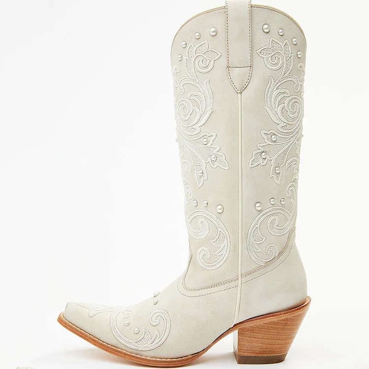 Beige Snip Toe Embroidery Pearl Decor Mid-Calf Cowboy Boots for Women |FSJ Shoes