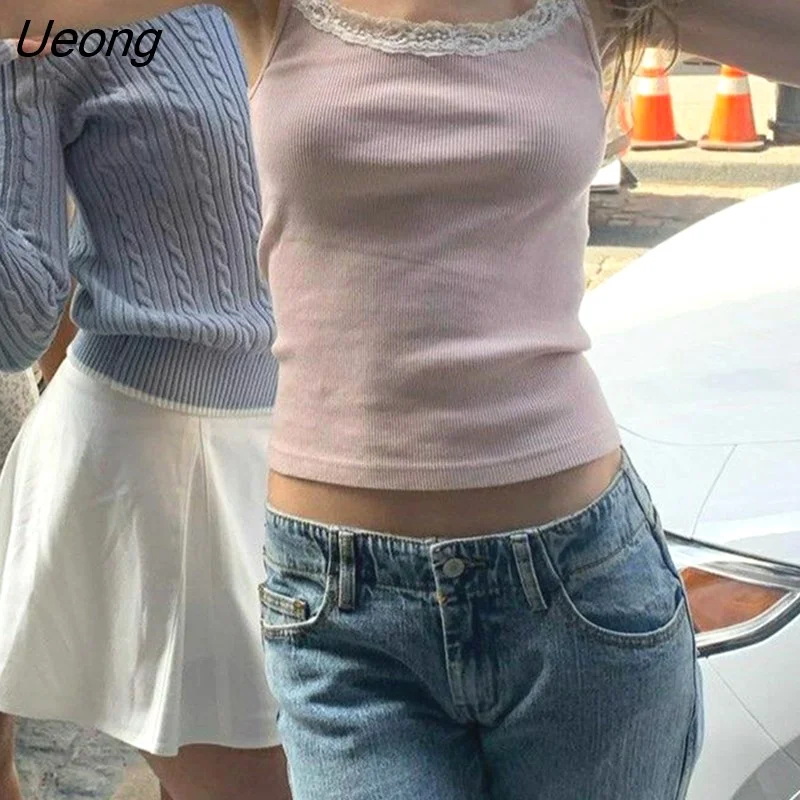 Ueong Girl Lace Ribbed Tank Top Women Summer Sexy Sleeveless Cotton Soft Camis Blouses Women Vintage Casual Crop Top Chic