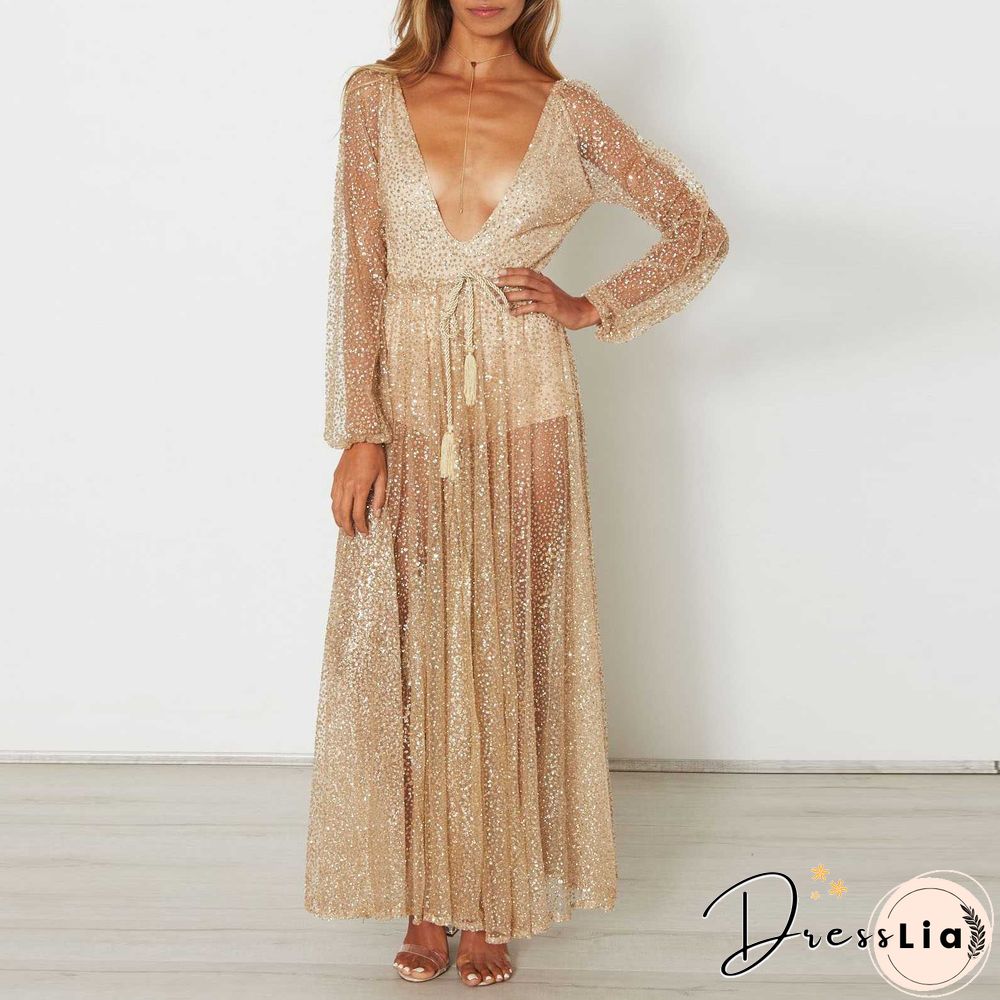 Gitter Sequins Deep Plunge Tie Waist Long Sleeve Sheer Mesh Dress