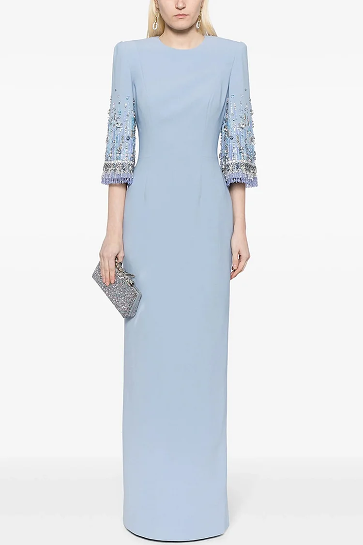 Rhinestone Embellished 3/4 Sleeve Maxi Dress-Sky Blue