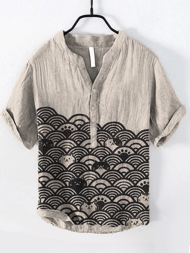 Cats & Waves Japanese Art Print Cozy Cotton Linen Shirt