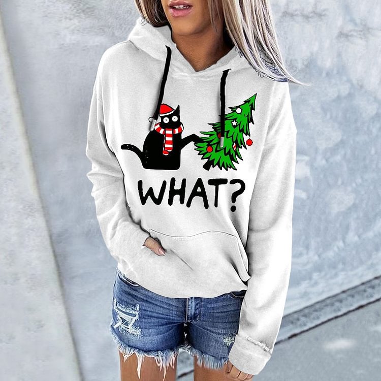 Vefave What Christmas Cat Print Casual Hoodie