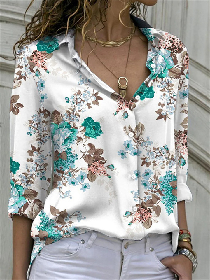 Spring and Summer Fashion Printing Women's Long-sleeved Loose Shirt Printed POLO Collar Shirt