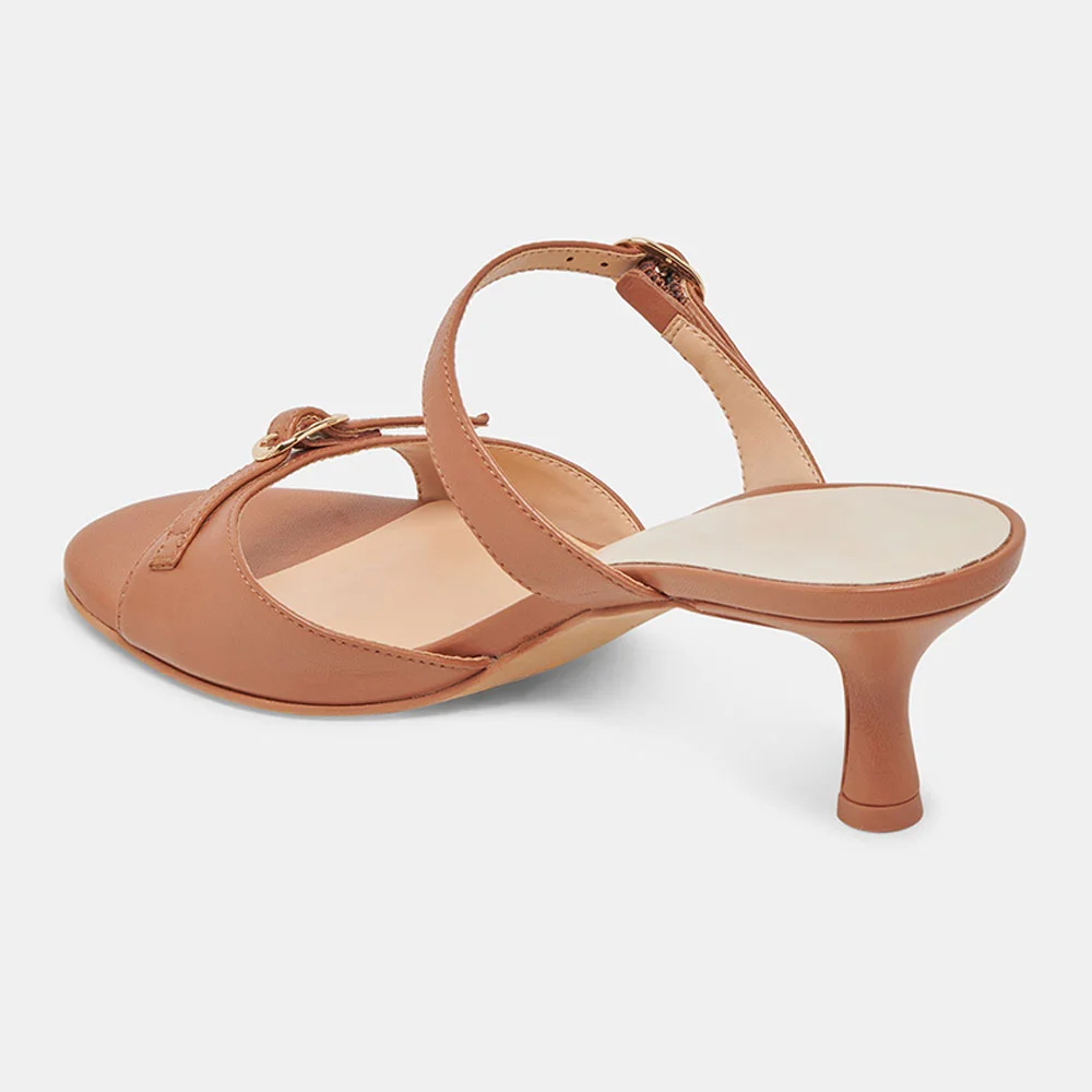 Brown Vegan Leather Buckle Kitten Heel Open-Toe Slide Shoes for Women