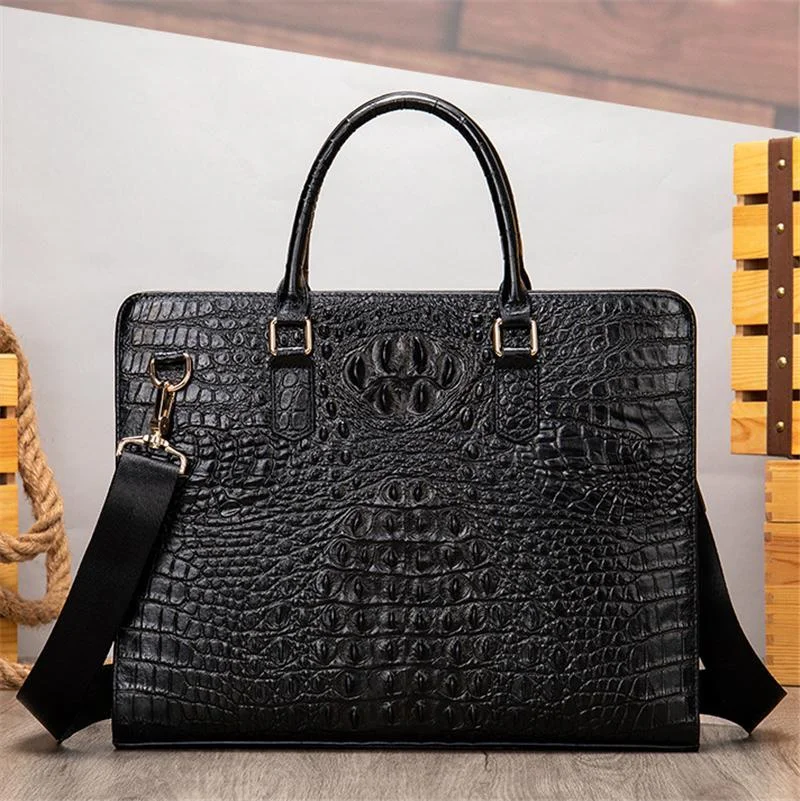 Vintage Genuine Leather Crocodile-Textured Style Top-Handled Business Bag