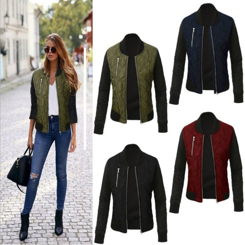 Leosoxs 2020 Autumn Winter Fashion Solid Women Jacket O Neck Zipper Stitching Quilted Bomber Tops Ladies Jacktes Coats Plus Size