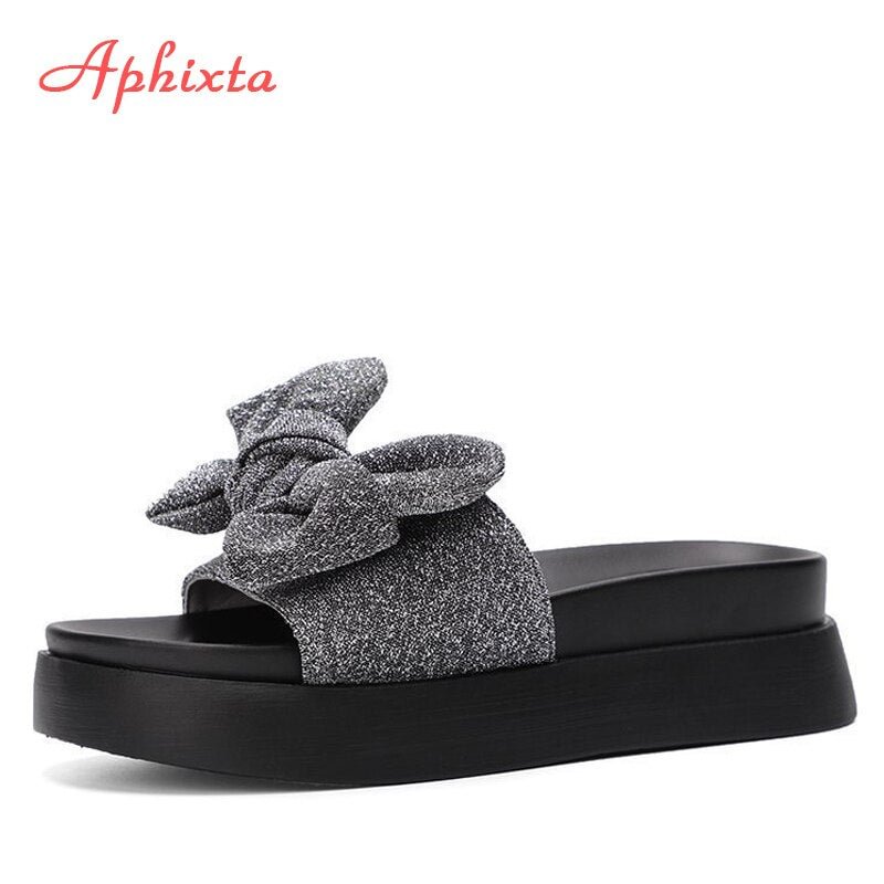 Aphixta Summer Platform Bow Slippers Women Slides Women Sequined Shoes Wedge Slippers Butterfly-knot Mules Beach Slides Shoes