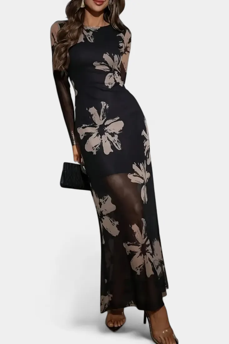 Long Sleeve Floral Print Maxi Dress with Side Slit