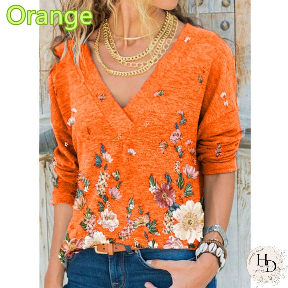 Spring and Autumn New Fashion Womens V-Neck Flowers Print Loose Long Sleeve T-Shirt Casual