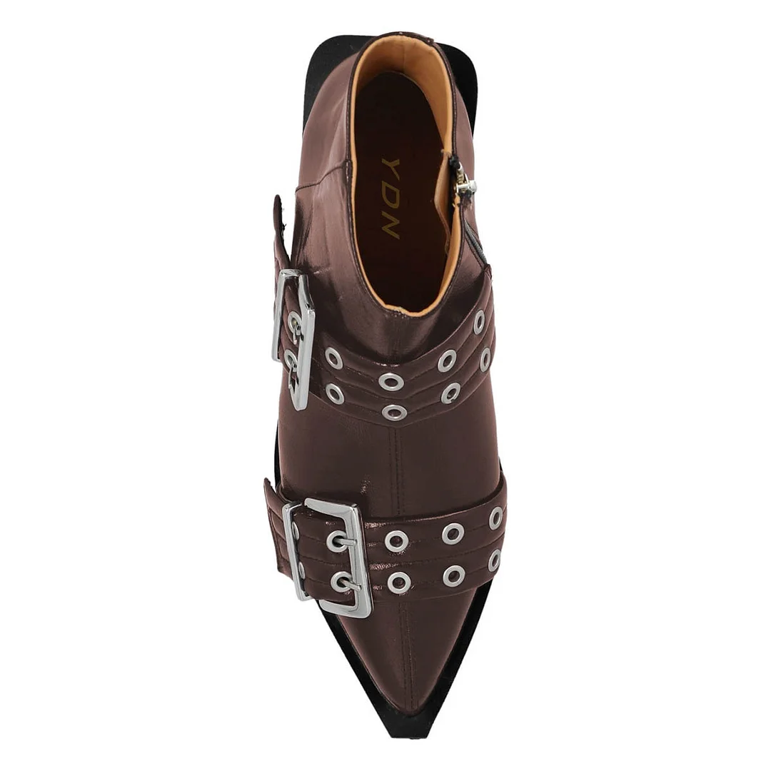 Brown Vegan Leather Pointed Toe Grommets Strap Flat Ankle Boots