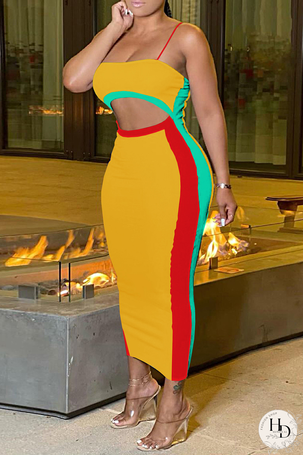 Yellow Sexy Solid Hollowed Out Spaghetti Strap Pencil Skirt Dresses