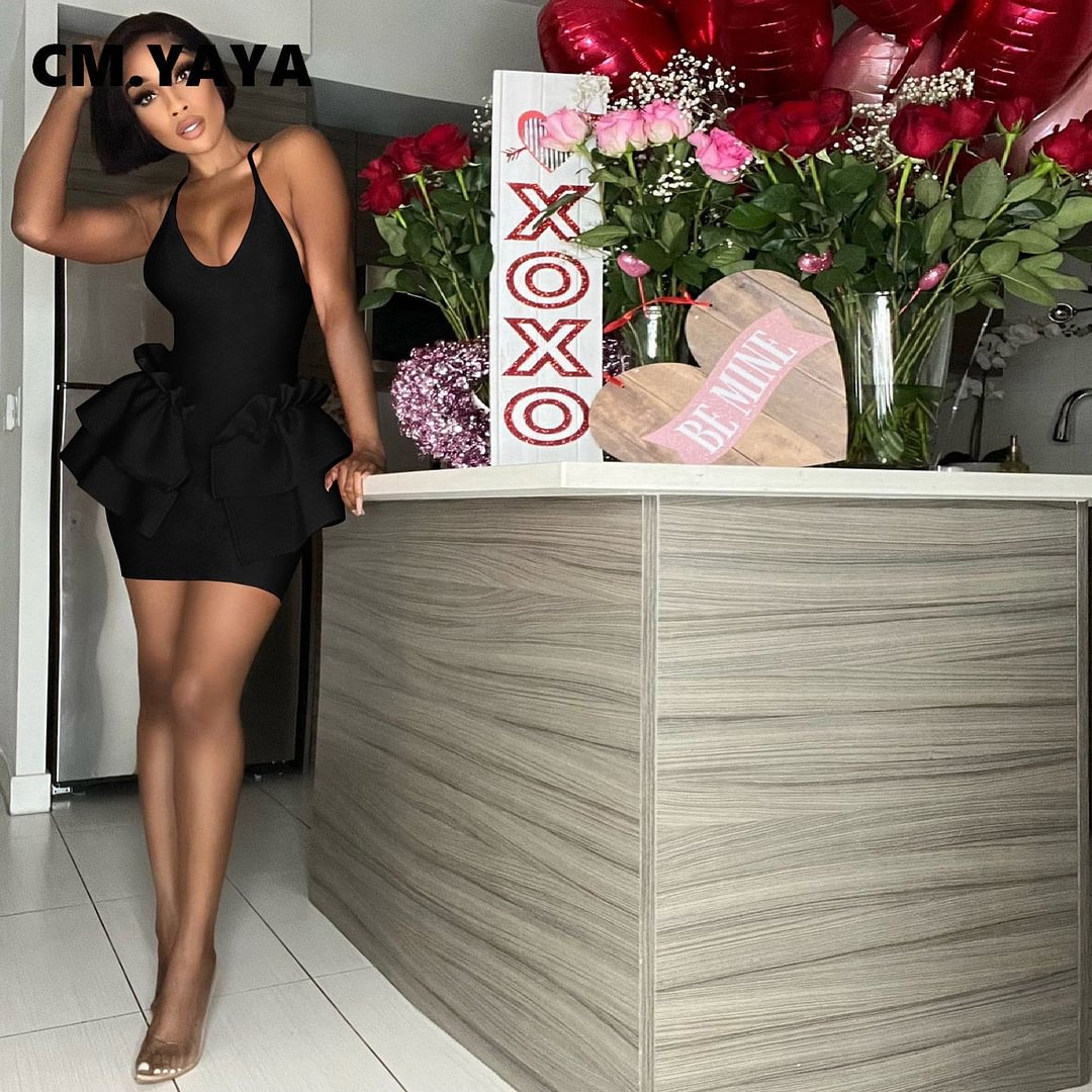 CM.YAYA Women Spaghetti Strap V-neck Cascading Ruffles Side Sexy Party Bodycon Midi Dress 2022 New Summer