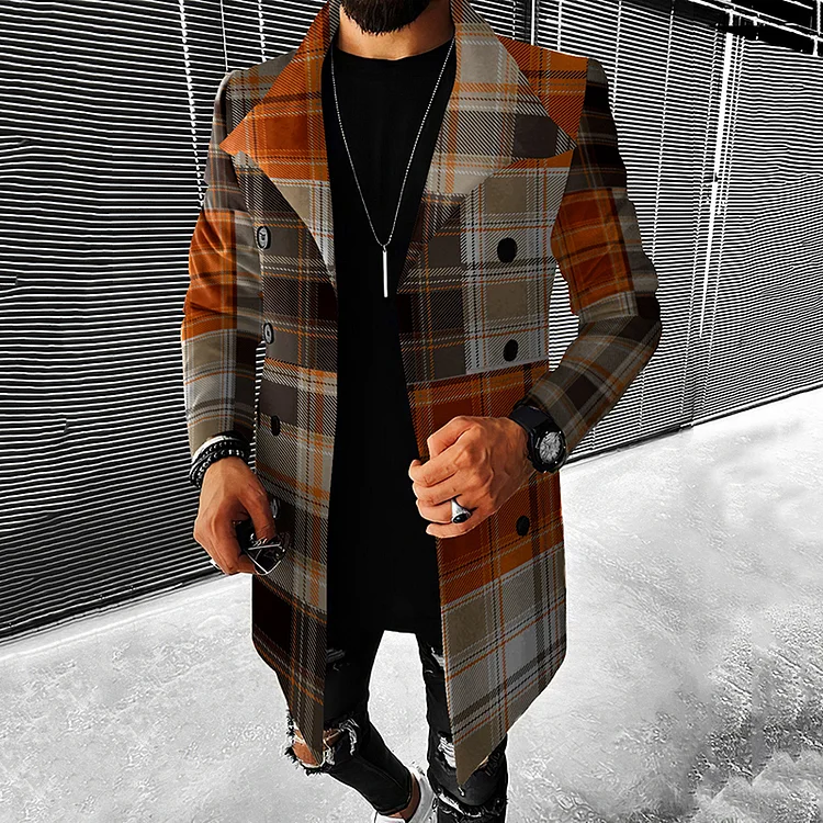 Fashion Patchwork Brown Check Casual Coat