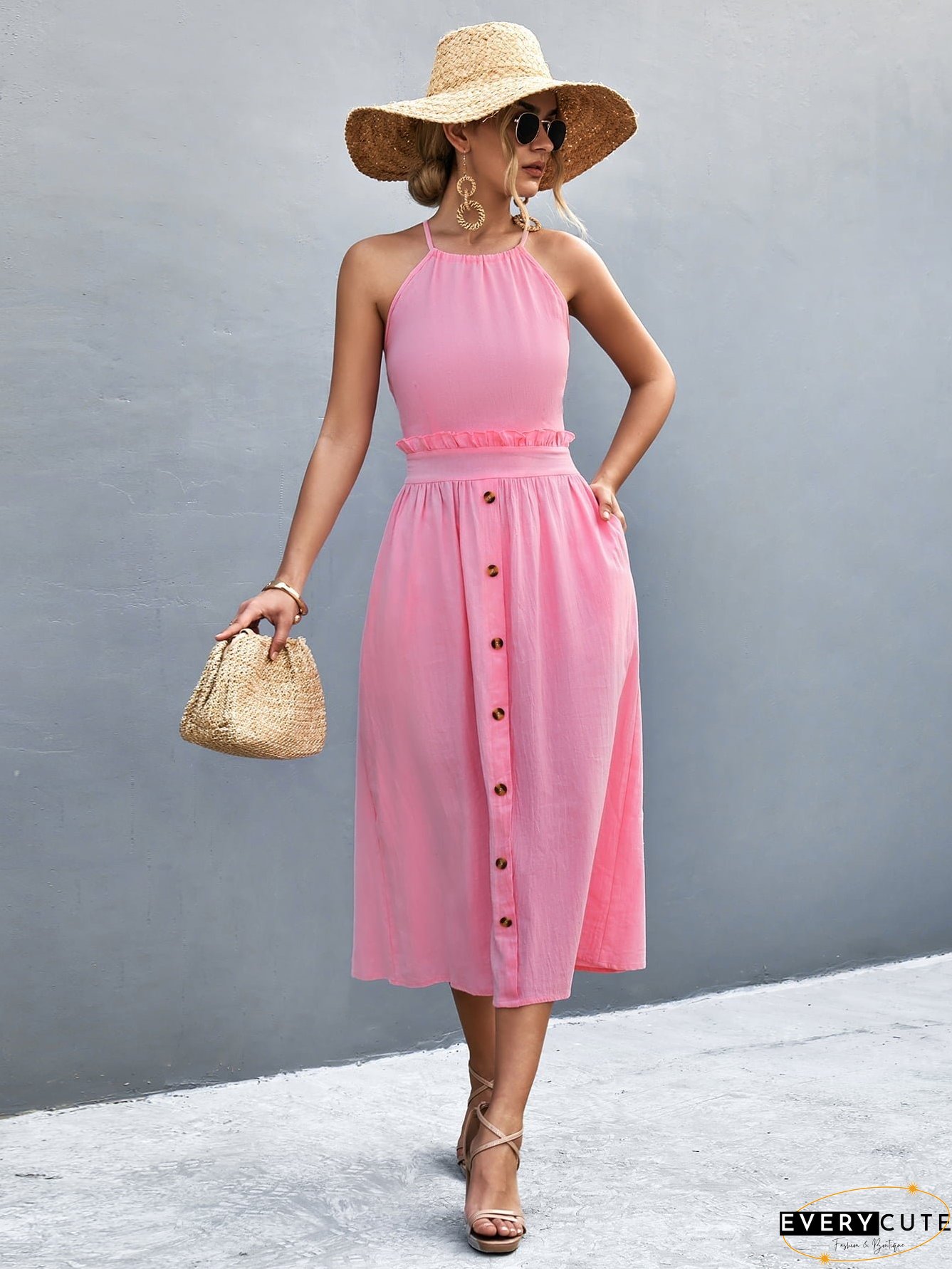 Buttoned Halter Neck Frill Trim Midi Dress