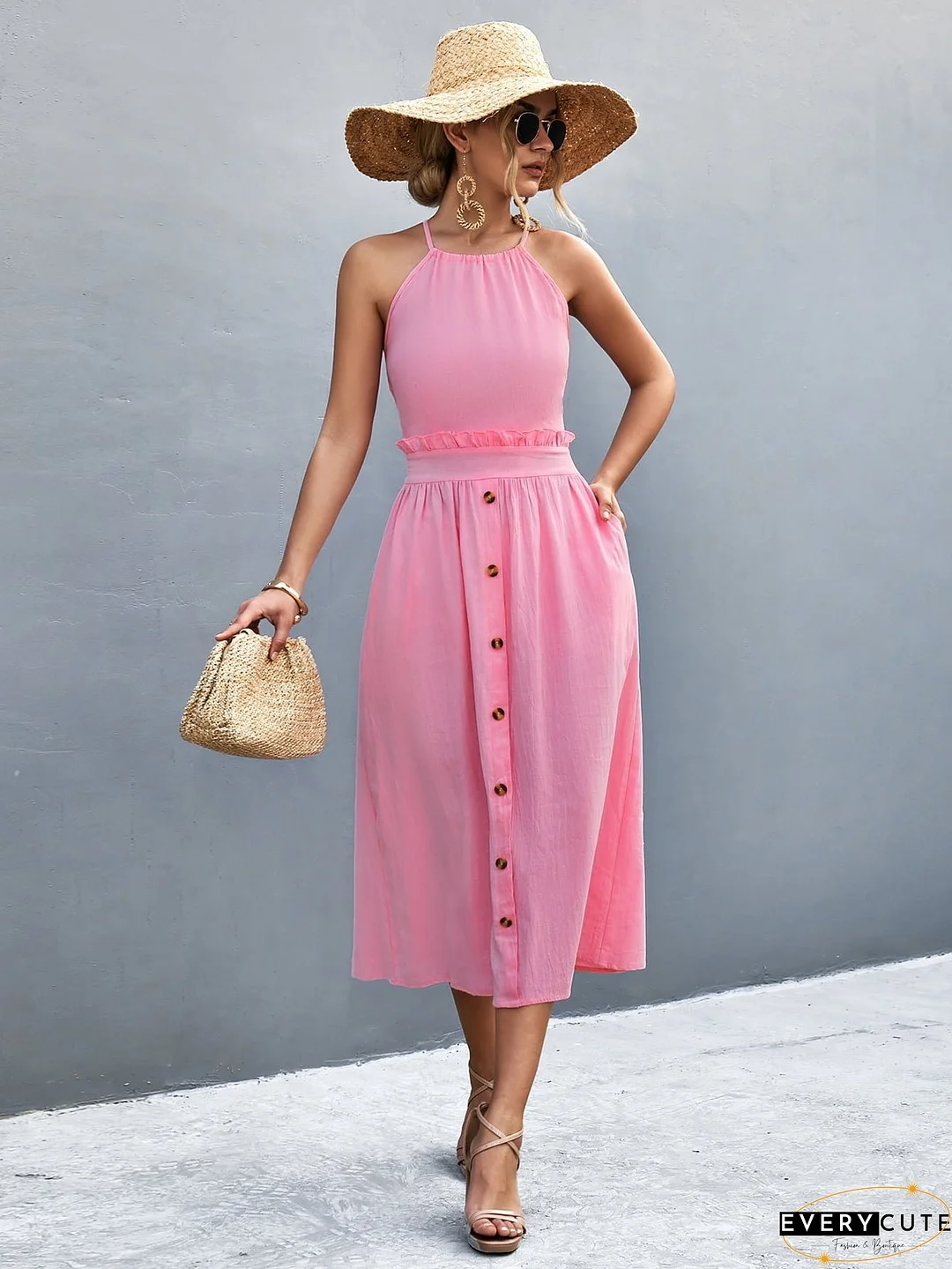 Buttoned Halter Neck Frill Trim Midi Dress