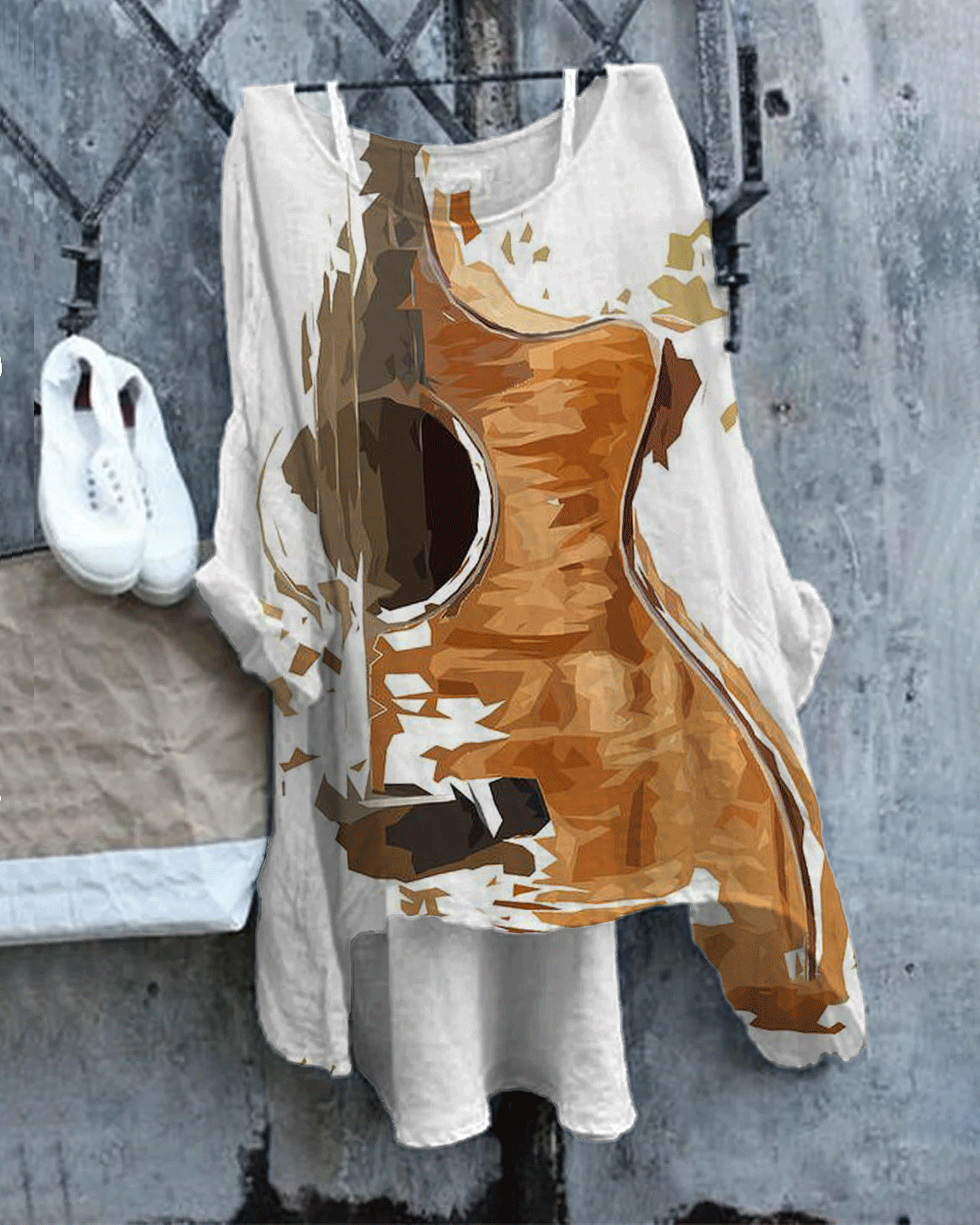 Women's Vintage Guitar Print Linen Blend Flowy Tunic