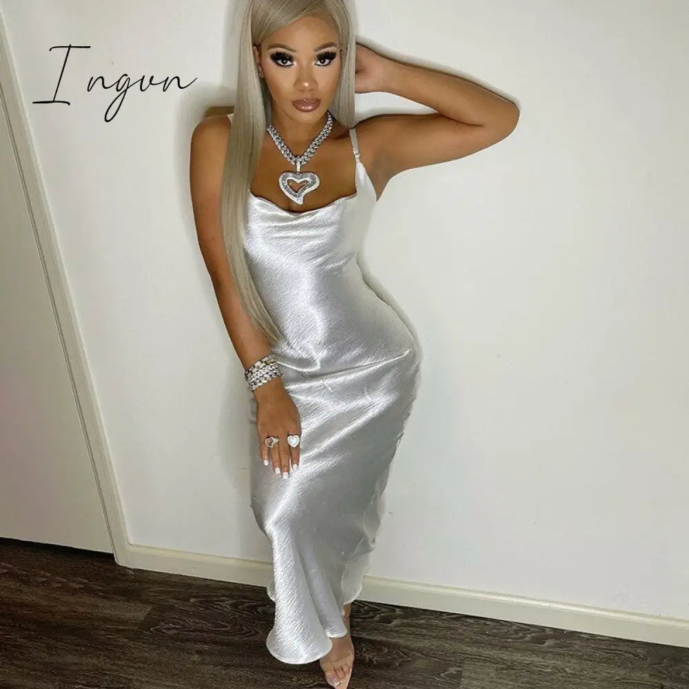 Ingvn - Sexy Spaghetti Strap Long Dress Silver Backless Elegant Bandage Bodycon Satin Dresses