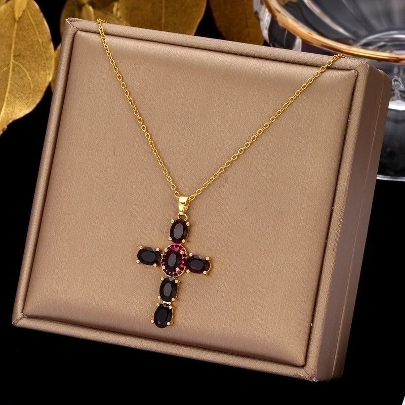 2 Pieces Ethnic Style Cross Stainless Steel Inlay Zircon Pendant Necklace