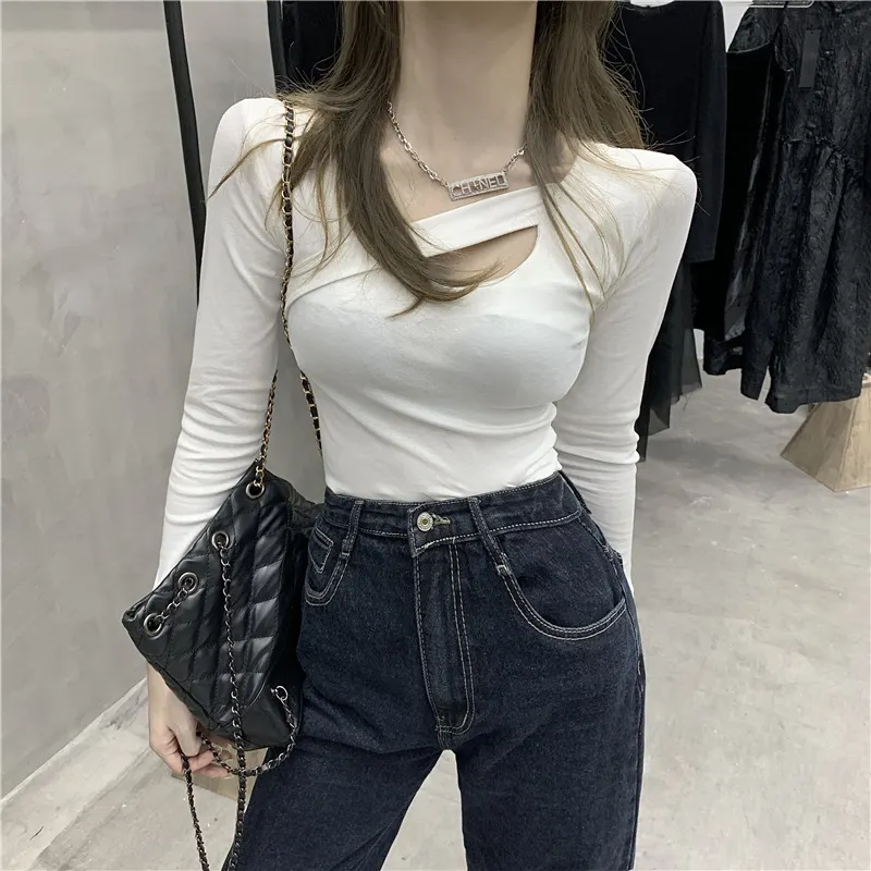 Uveng Uveng 2023 New Style Design Sense Careful Machine Hollow T-Shirt Solid Color All-Match Slim Thin Long-Sleeved Jacket Female Fashion