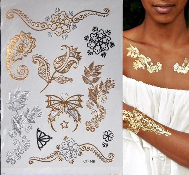 Hot Flash Metallic Waterproof Temporary Tattoo Gold Silver Tatoo Women Henna Flower Taty Design Tattoo Sticker