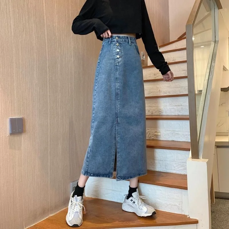 Toloer Toloer New Autumn Dress 2024 Women's Skirt High Waist Long Skirt Slit Jeans Skirt-Outfit Ideas