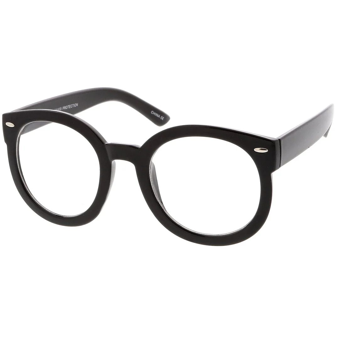 Oversize Thick Arms Round Clear Lens Horn Rimmed Eyeglasses 53mm