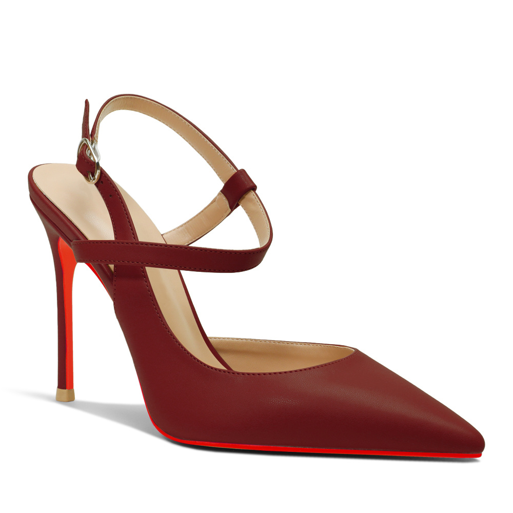 100mm Mid Heel Women Slingback Pumps Ankle Strap Jenlove Stiletto Close Pointed Toe Dress Red Bottoms Matte Glitter Shoes-MERUMOTE