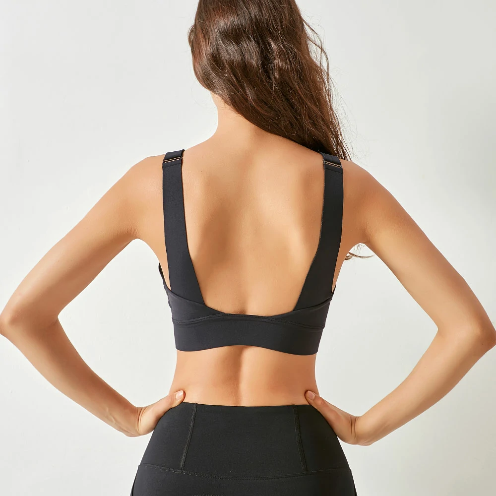 Hergymclothing Black zip front sports bra adjustable straps for sale