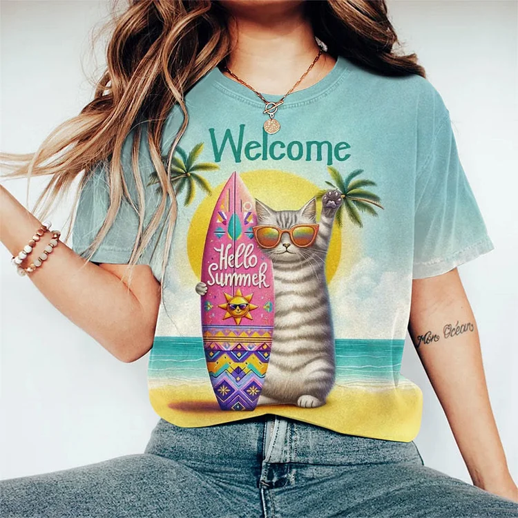 Funny Vacation Surfing Cat Print Short-sleeved T-shirt
