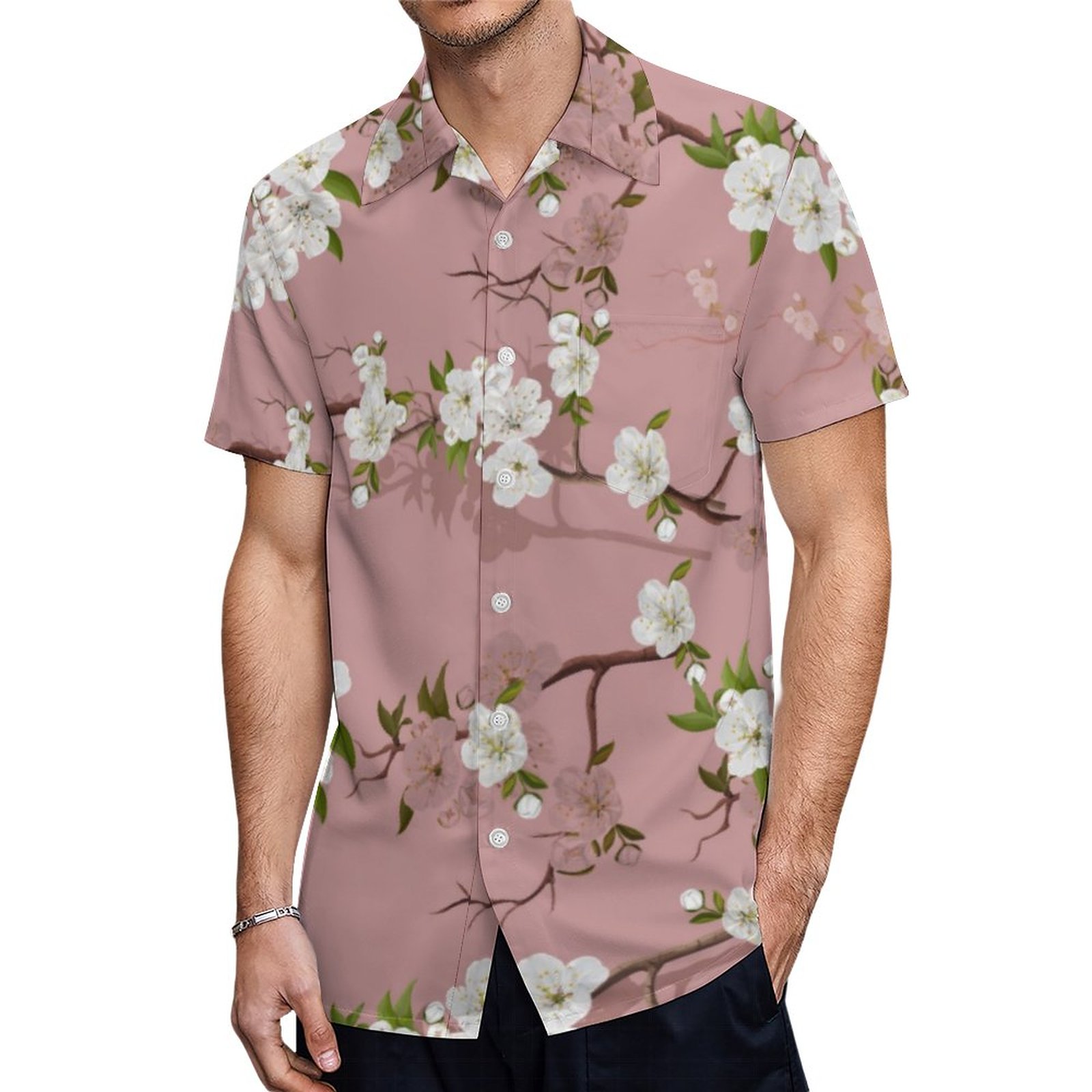 Japanese Floral Painting Artsy Rusty Pink Hawaiian Shirt Mens Button Down Tropical Hawaii Beach Shirts