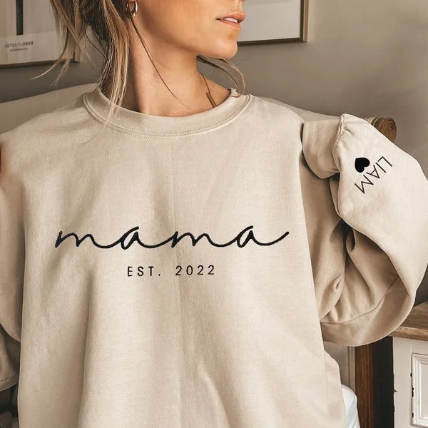Personalized Mama Est Sweatshirt with Child's Name on Sleeve,Mothers Day Gift,New Mom Gift