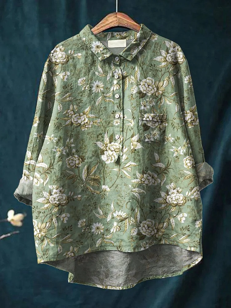 Women's Floral Art Print Casual Cotton And Linen Shirt