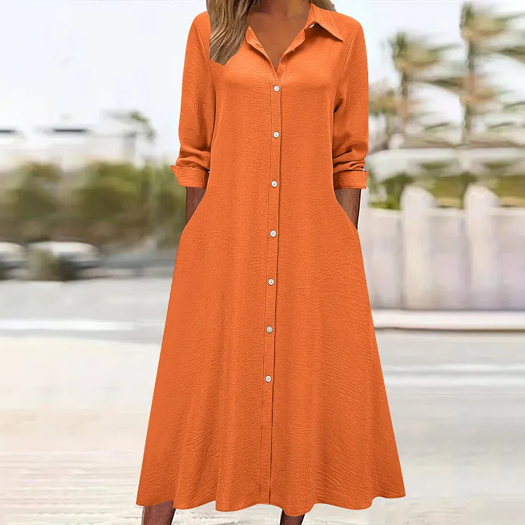 Women's Retro Solid Color Collared Long-sleeved Pocket Shirt Dress