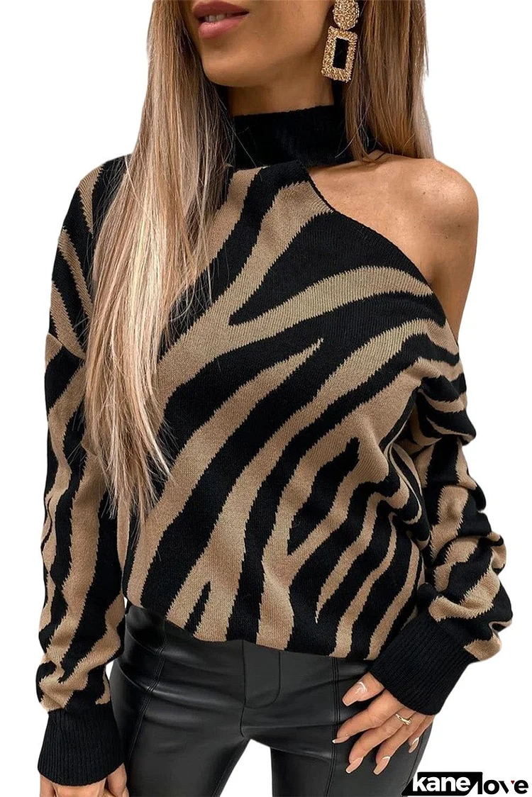 Zebra Print Mock Neck Cold Shoulder Sweater