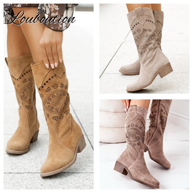 Qengg 2022 Winter Women Boots Fashion Retro Flower Suede Round Toe