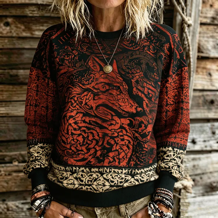 Women's Nordic Fenrir Wolf Vintage Distressed Red And Black Celtic Knot And Rune Print Long Sleeve Loose Bohemian Casual Pullover