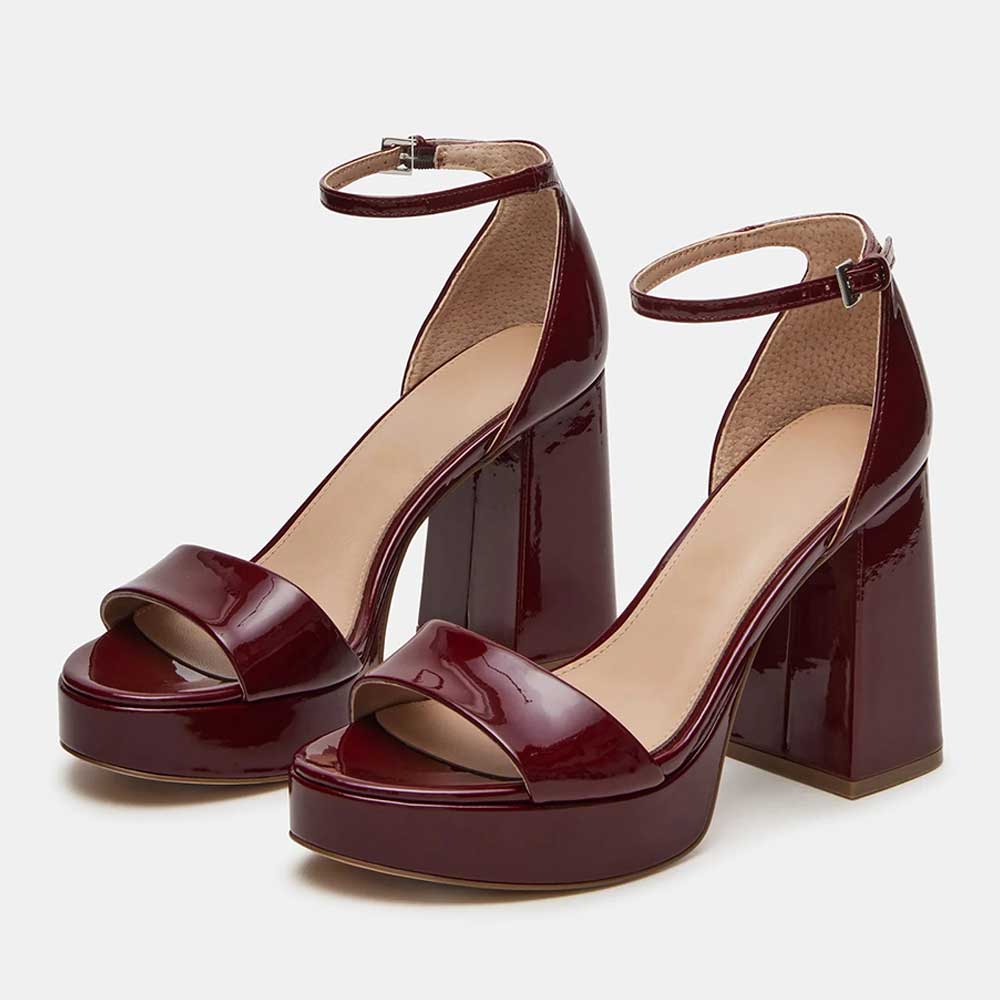 Maroon Patent Leather Ankle Strap Open Toe Block Heel Platform Sandals Nicepairs